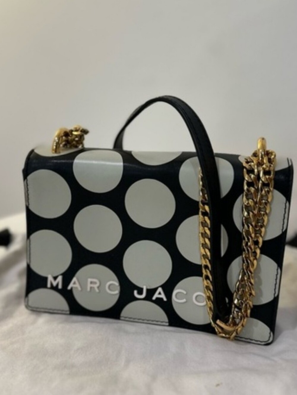 Marc Jacobs Black and White Polka Dot Crossbody Bag with Gold Chain